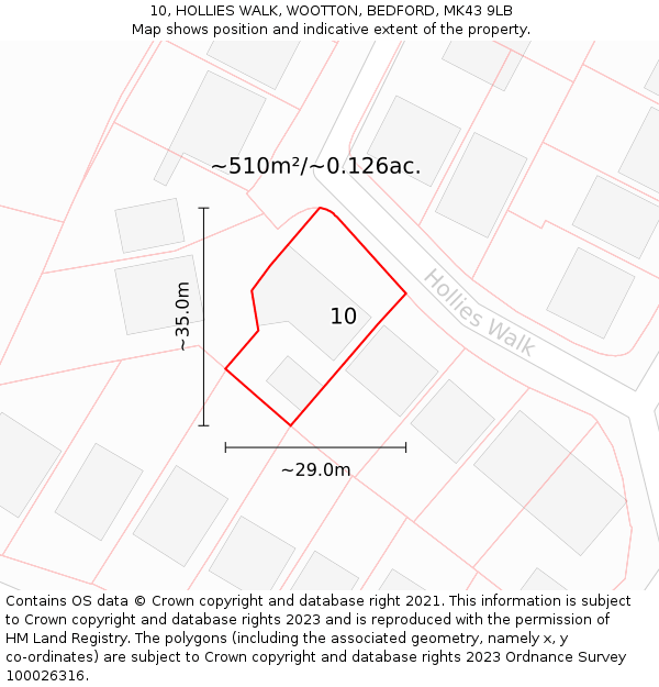 10, HOLLIES WALK, WOOTTON, BEDFORD, MK43 9LB: Plot and title map