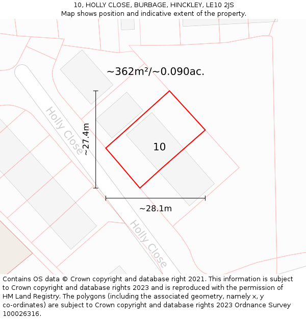 10, HOLLY CLOSE, BURBAGE, HINCKLEY, LE10 2JS: Plot and title map
