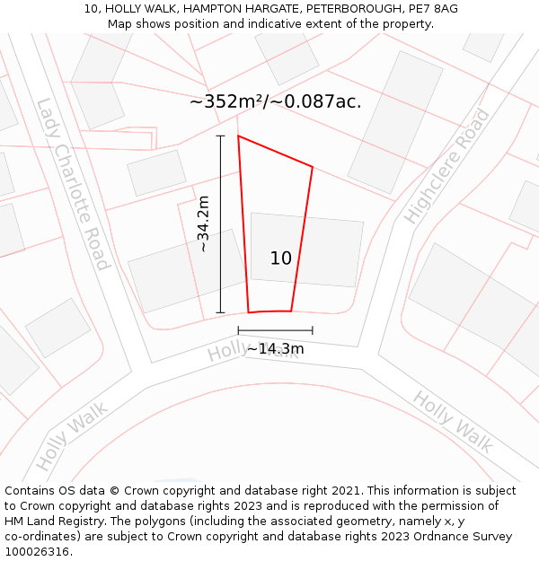 10, HOLLY WALK, HAMPTON HARGATE, PETERBOROUGH, PE7 8AG: Plot and title map
