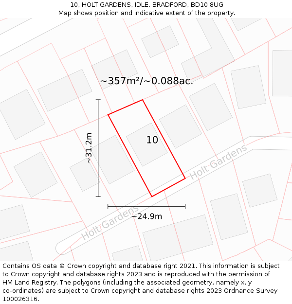 10, HOLT GARDENS, IDLE, BRADFORD, BD10 8UG: Plot and title map
