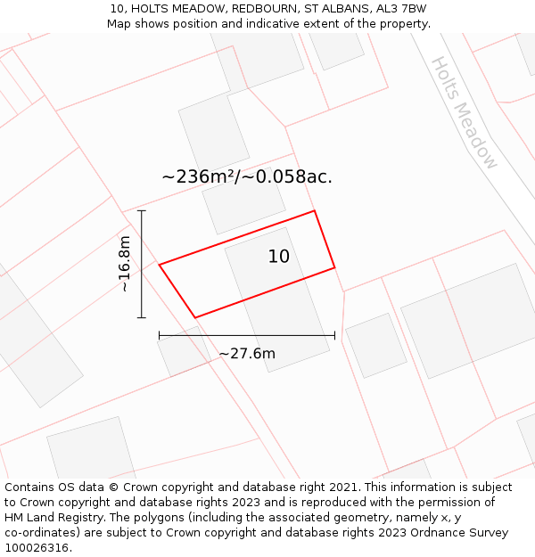10, HOLTS MEADOW, REDBOURN, ST ALBANS, AL3 7BW: Plot and title map