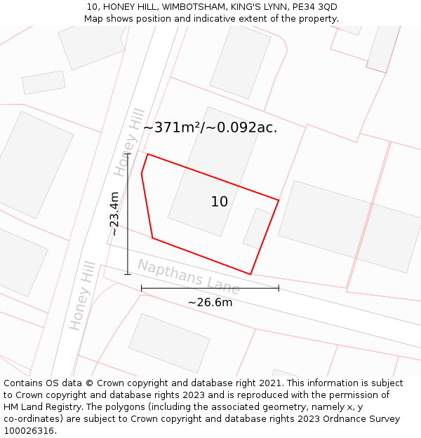 10, HONEY HILL, WIMBOTSHAM, KING'S LYNN, PE34 3QD: Plot and title map