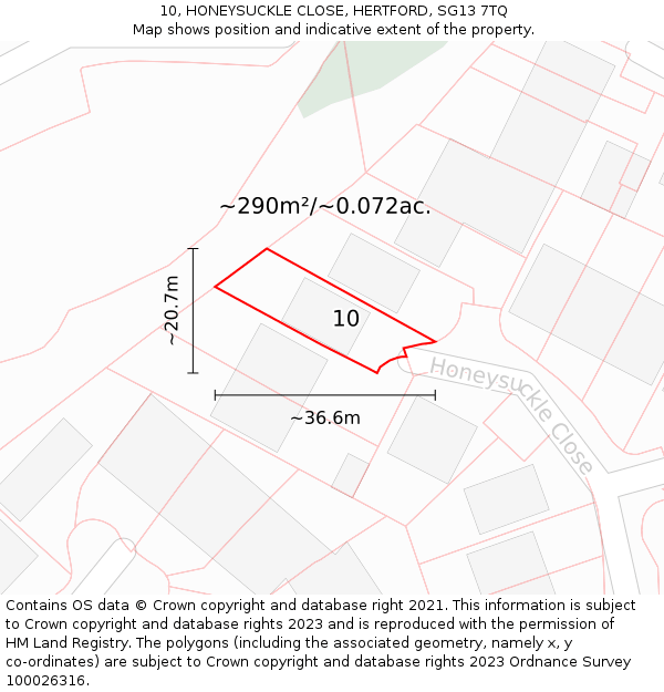 10, HONEYSUCKLE CLOSE, HERTFORD, SG13 7TQ: Plot and title map