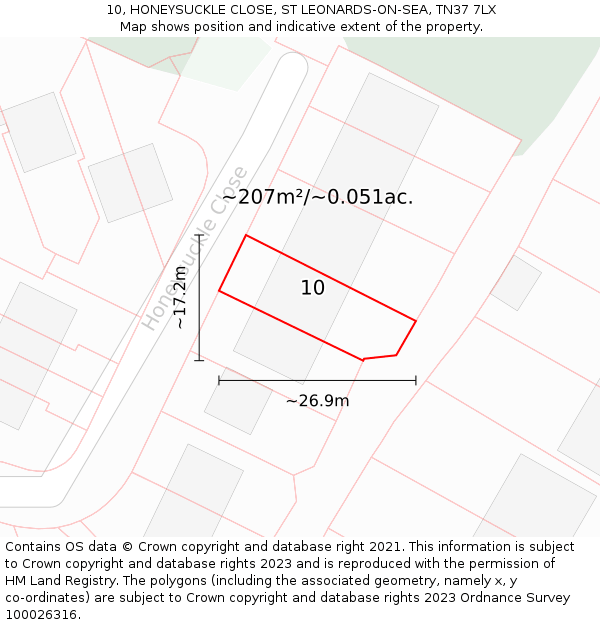 10, HONEYSUCKLE CLOSE, ST LEONARDS-ON-SEA, TN37 7LX: Plot and title map