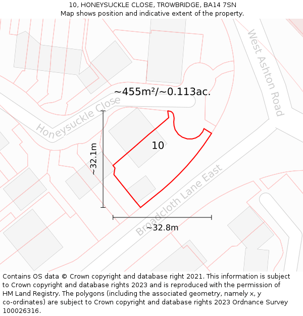 10, HONEYSUCKLE CLOSE, TROWBRIDGE, BA14 7SN: Plot and title map