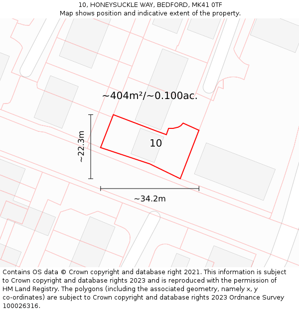 10, HONEYSUCKLE WAY, BEDFORD, MK41 0TF: Plot and title map