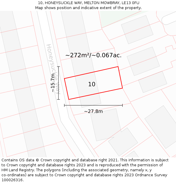 10, HONEYSUCKLE WAY, MELTON MOWBRAY, LE13 0FU: Plot and title map