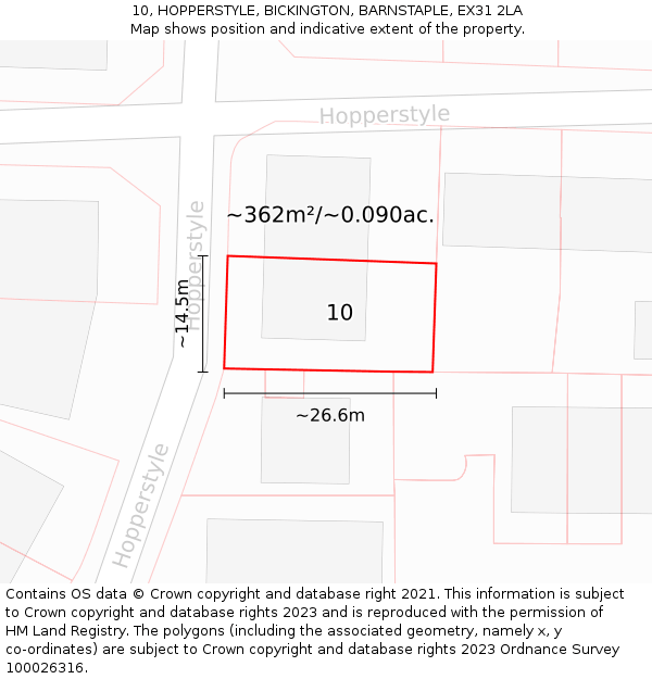 10, HOPPERSTYLE, BICKINGTON, BARNSTAPLE, EX31 2LA: Plot and title map