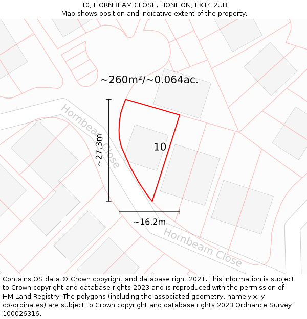 10, HORNBEAM CLOSE, HONITON, EX14 2UB: Plot and title map