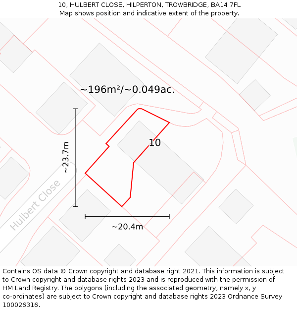 10, HULBERT CLOSE, HILPERTON, TROWBRIDGE, BA14 7FL: Plot and title map