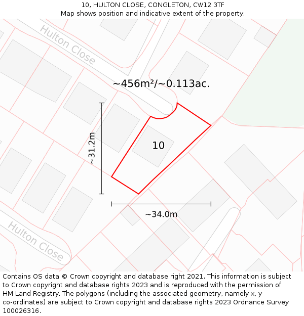 10, HULTON CLOSE, CONGLETON, CW12 3TF: Plot and title map