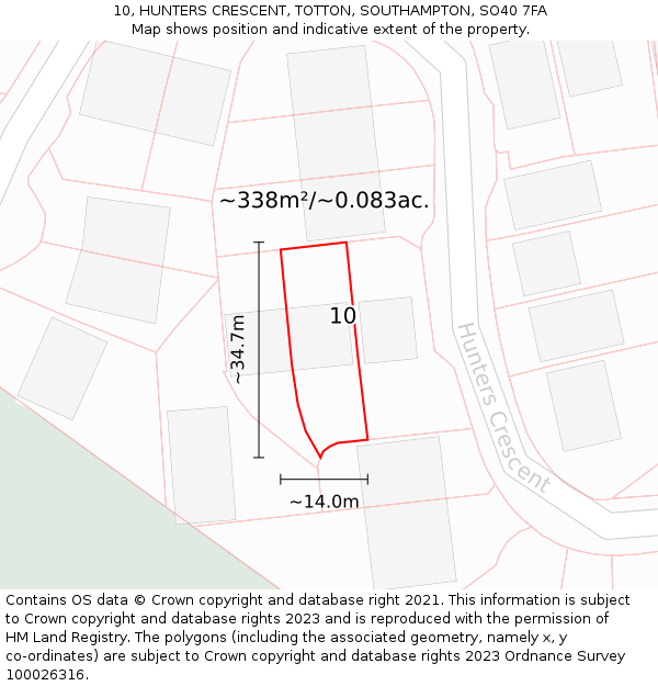 10, HUNTERS CRESCENT, TOTTON, SOUTHAMPTON, SO40 7FA: Plot and title map