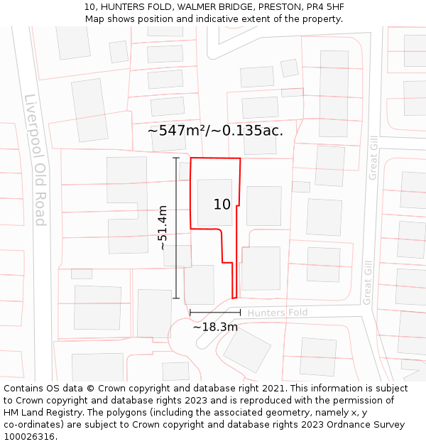 10, HUNTERS FOLD, WALMER BRIDGE, PRESTON, PR4 5HF: Plot and title map