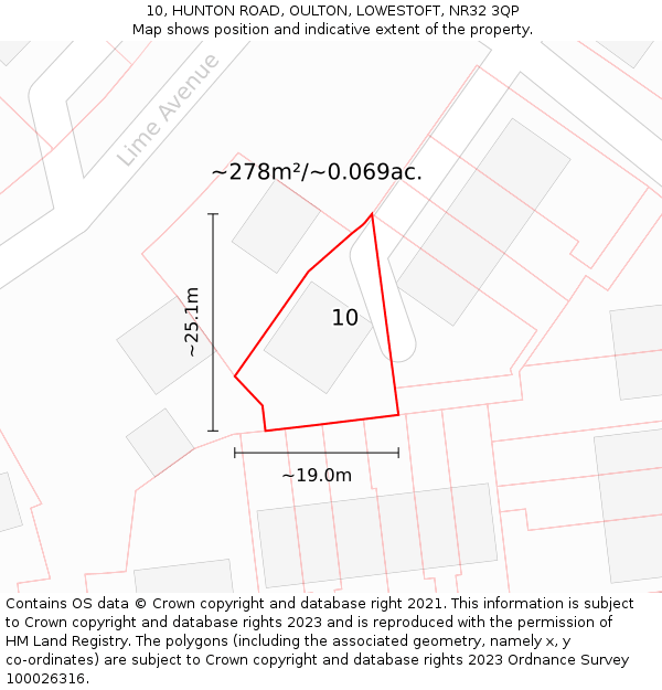 10, HUNTON ROAD, OULTON, LOWESTOFT, NR32 3QP: Plot and title map