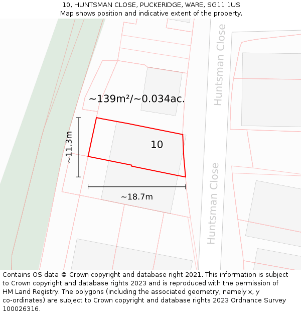 10, HUNTSMAN CLOSE, PUCKERIDGE, WARE, SG11 1US: Plot and title map