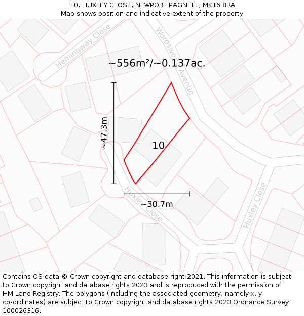 10, HUXLEY CLOSE, NEWPORT PAGNELL, MK16 8RA: Plot and title map