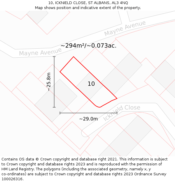 10, ICKNIELD CLOSE, ST ALBANS, AL3 4NQ: Plot and title map