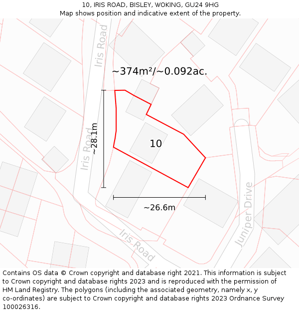 10, IRIS ROAD, BISLEY, WOKING, GU24 9HG: Plot and title map