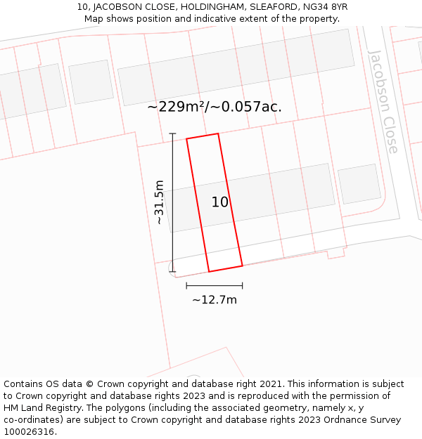 10, JACOBSON CLOSE, HOLDINGHAM, SLEAFORD, NG34 8YR: Plot and title map
