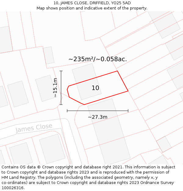 10, JAMES CLOSE, DRIFFIELD, YO25 5AD: Plot and title map