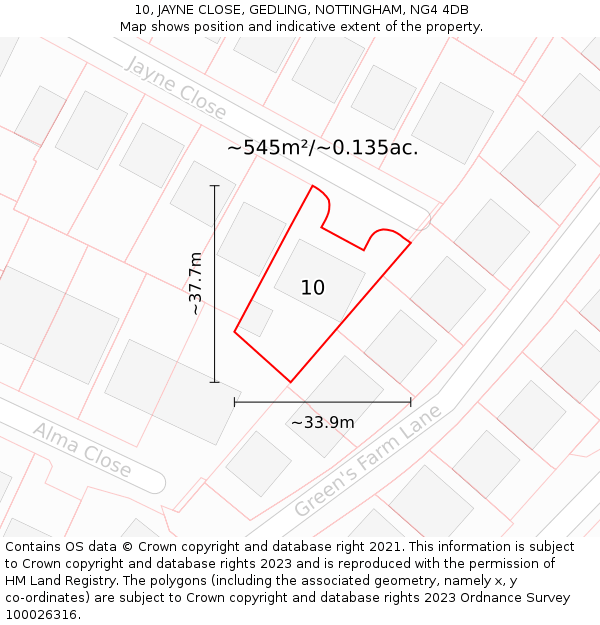 10, JAYNE CLOSE, GEDLING, NOTTINGHAM, NG4 4DB: Plot and title map