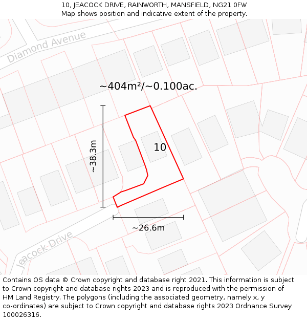 10, JEACOCK DRIVE, RAINWORTH, MANSFIELD, NG21 0FW: Plot and title map