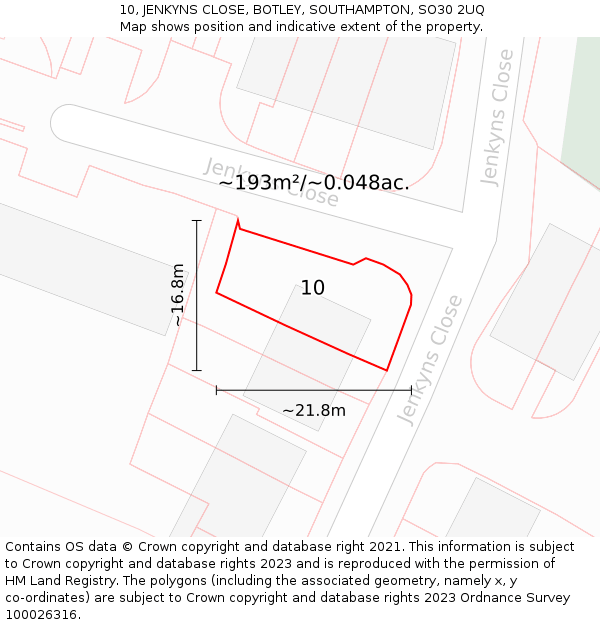 10, JENKYNS CLOSE, BOTLEY, SOUTHAMPTON, SO30 2UQ: Plot and title map
