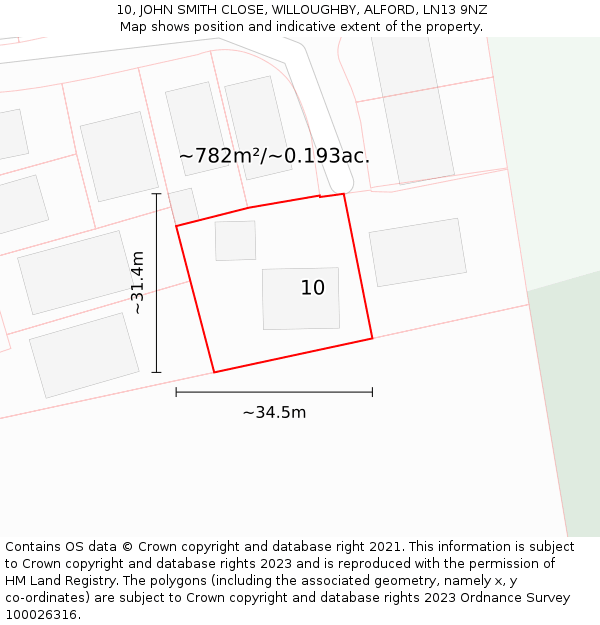 10, JOHN SMITH CLOSE, WILLOUGHBY, ALFORD, LN13 9NZ: Plot and title map