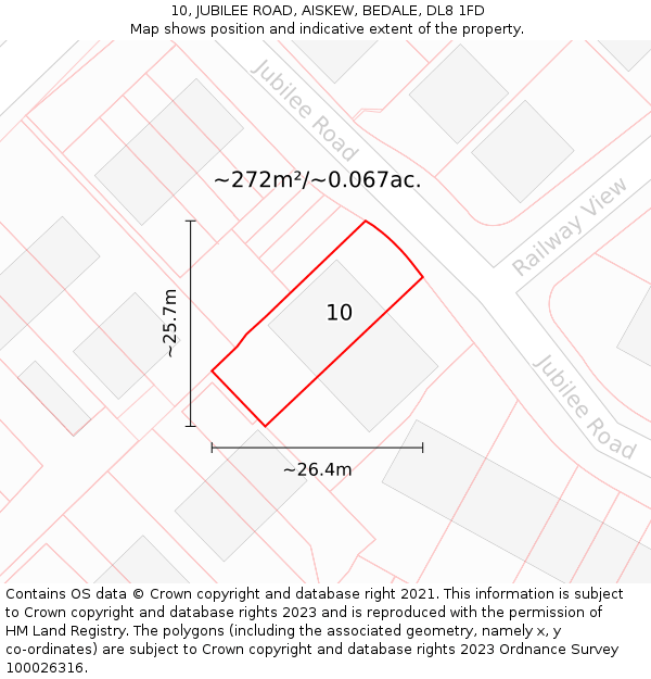 10, JUBILEE ROAD, AISKEW, BEDALE, DL8 1FD: Plot and title map