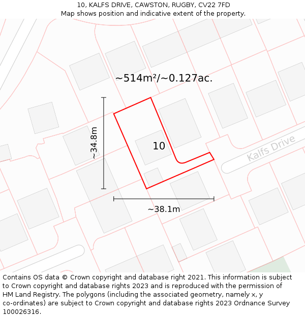10, KALFS DRIVE, CAWSTON, RUGBY, CV22 7FD: Plot and title map
