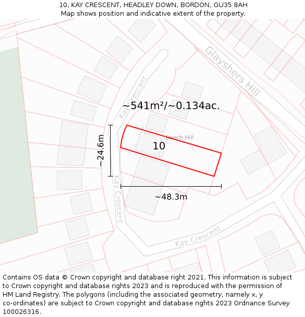 10, KAY CRESCENT, HEADLEY DOWN, BORDON, GU35 8AH: Plot and title map