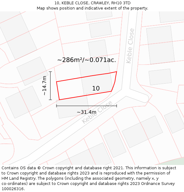 10, KEBLE CLOSE, CRAWLEY, RH10 3TD: Plot and title map