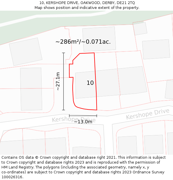 10, KERSHOPE DRIVE, OAKWOOD, DERBY, DE21 2TQ: Plot and title map