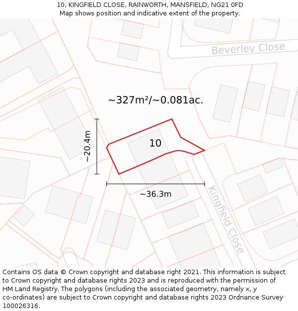 10, KINGFIELD CLOSE, RAINWORTH, MANSFIELD, NG21 0FD: Plot and title map