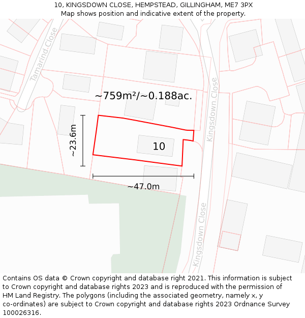 10, KINGSDOWN CLOSE, HEMPSTEAD, GILLINGHAM, ME7 3PX: Plot and title map
