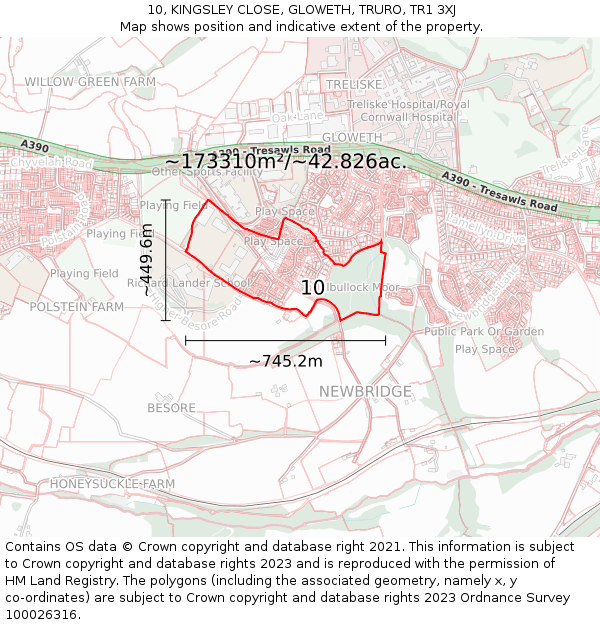10, KINGSLEY CLOSE, GLOWETH, TRURO, TR1 3XJ: Plot and title map
