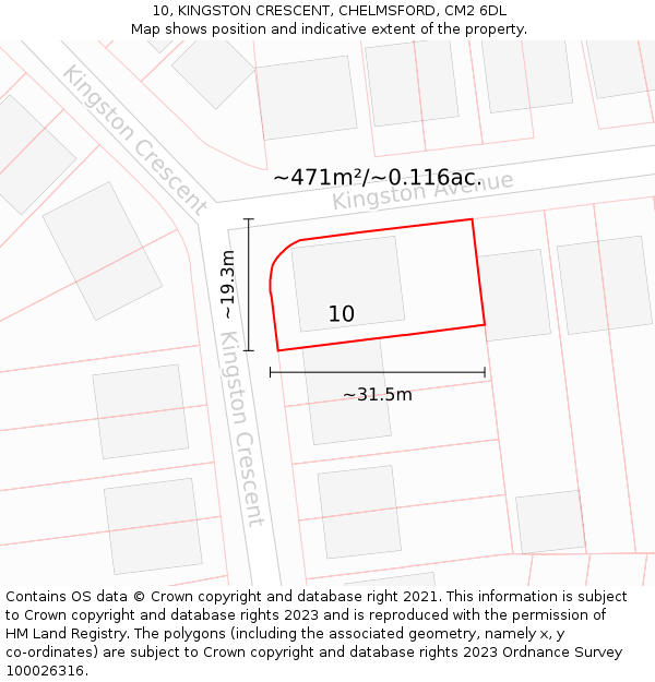 10, KINGSTON CRESCENT, CHELMSFORD, CM2 6DL: Plot and title map