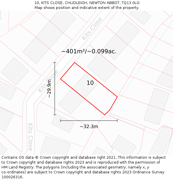 10, KITS CLOSE, CHUDLEIGH, NEWTON ABBOT, TQ13 0LG: Plot and title map
