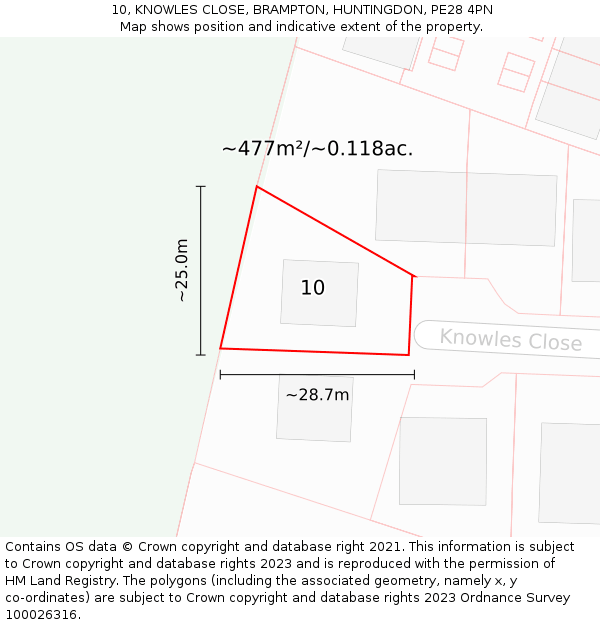 10, KNOWLES CLOSE, BRAMPTON, HUNTINGDON, PE28 4PN: Plot and title map