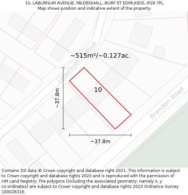 10, LABURNUM AVENUE, MILDENHALL, BURY ST EDMUNDS, IP28 7PL: Plot and title map
