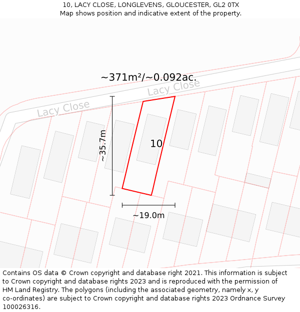 10, LACY CLOSE, LONGLEVENS, GLOUCESTER, GL2 0TX: Plot and title map