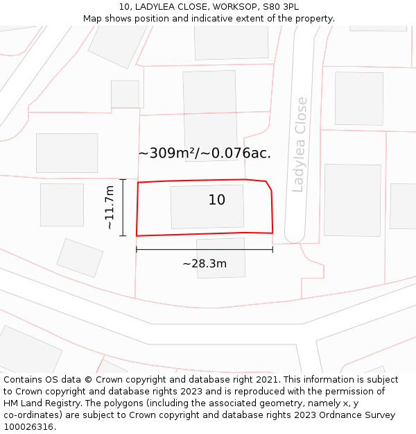 10, LADYLEA CLOSE, WORKSOP, S80 3PL: Plot and title map