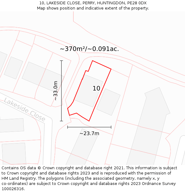 10, LAKESIDE CLOSE, PERRY, HUNTINGDON, PE28 0DX: Plot and title map