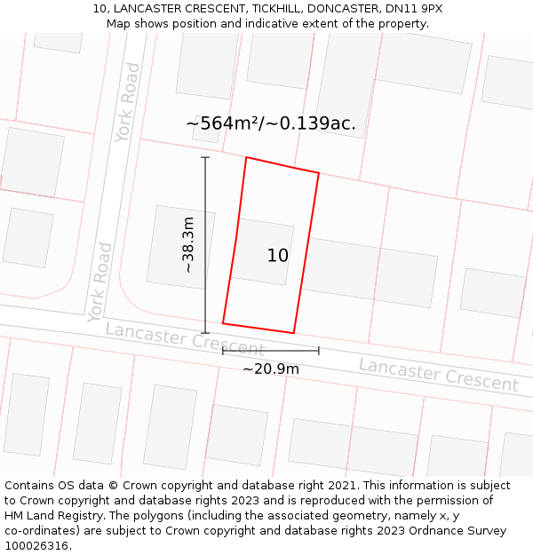 10, LANCASTER CRESCENT, TICKHILL, DONCASTER, DN11 9PX: Plot and title map