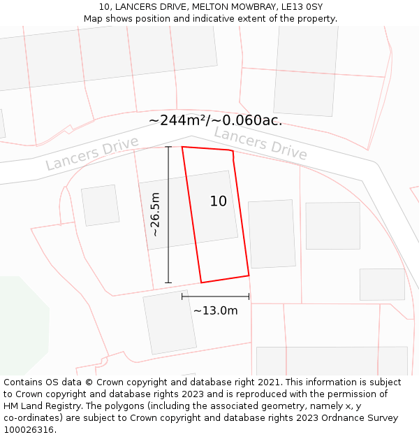 10, LANCERS DRIVE, MELTON MOWBRAY, LE13 0SY: Plot and title map