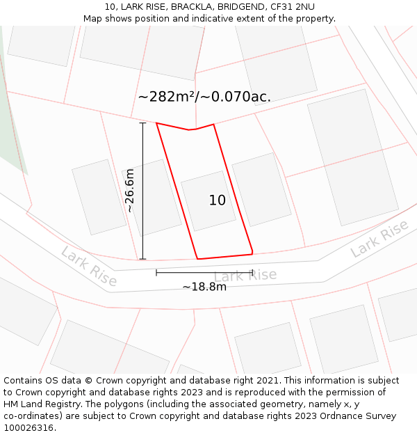 10, LARK RISE, BRACKLA, BRIDGEND, CF31 2NU: Plot and title map