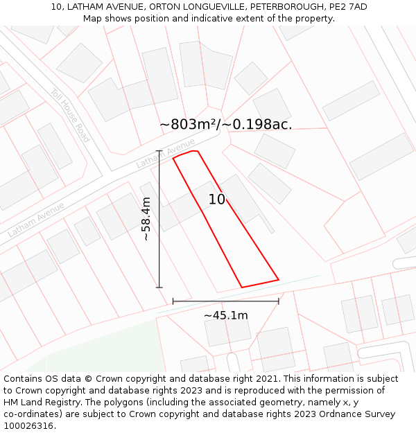 10, LATHAM AVENUE, ORTON LONGUEVILLE, PETERBOROUGH, PE2 7AD: Plot and title map