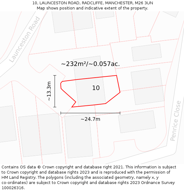 10, LAUNCESTON ROAD, RADCLIFFE, MANCHESTER, M26 3UN: Plot and title map