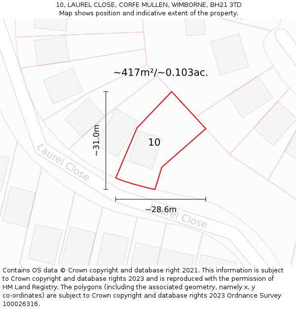 10, LAUREL CLOSE, CORFE MULLEN, WIMBORNE, BH21 3TD: Plot and title map