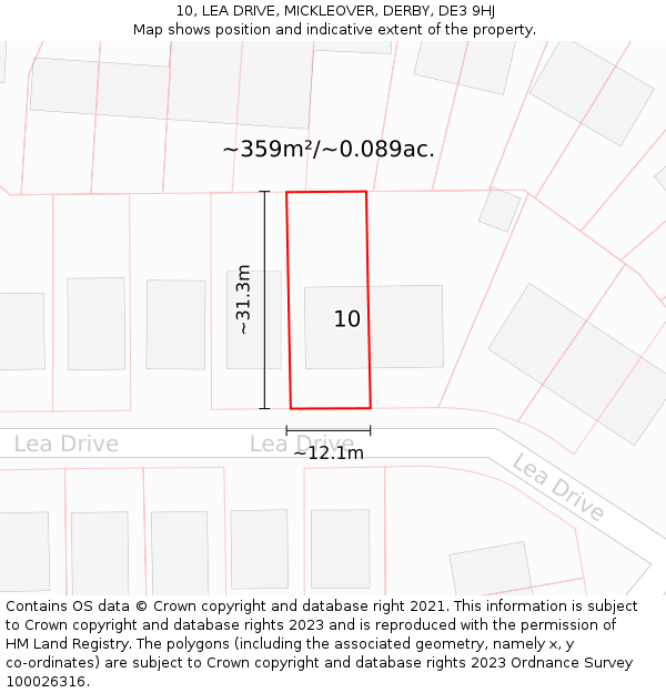 10, LEA DRIVE, MICKLEOVER, DERBY, DE3 9HJ: Plot and title map